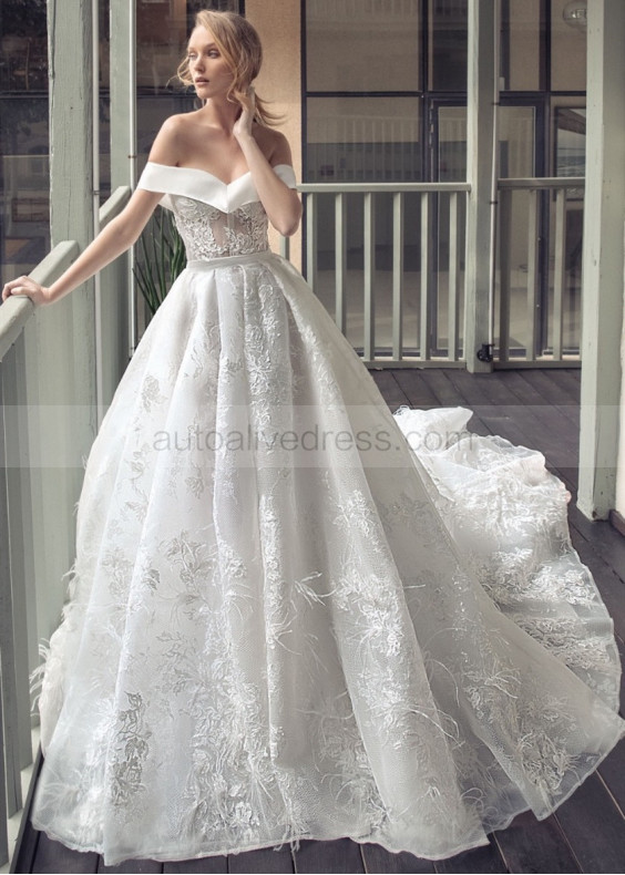 Off Shoulder Ivory Lace Feather Wedding Dress